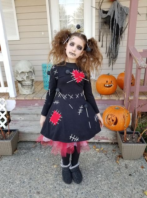 Scary Dolls Costume, Voodoo Dolls Costume, Diy Creepy Doll Costume, Scary Doll Costume For Kids, Creepy Doll Costume For Kids, Voodoo Doll Costume Diy, Voodoo Doll Makeup Halloween, Scary Costumes For Kids, Haunted Doll Costume