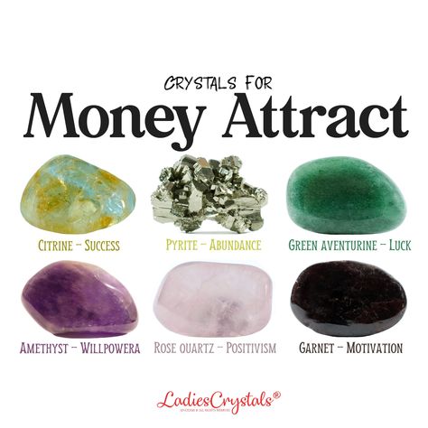 This is a money attract crystal set of 6 crystals. Citrine, pyrite, green aventurine, amethyst, rose quartz and garnet.  The money attract set includes: ☆ 6 crystals are listed above with sizes 2 - 2,5 cm. ☆ Information glossy card with the properties of crystals. ☆ Velvet bag for your stones. ☆ Gift card (optional). ☆ Everything is packed in a small elegant box with a ribbon ready to be given as a gift. ☆ CRYSTALS PROPERTIES ☆ Citrine - Success Pyrite - Abundance Green aventurine - Luck Amethyst - Willpower Rose quartz - Positivism Garnet - Motivation ☆ HOW TO USE ☆ You can use the crystals in whatever way works for you, such as wearing them in your pocket, placing them on your desk or on a windowsill, or simply holding it in your hand every time you need to be reminded of your intention. Money Attract, Crystals Citrine, Gemstones Chart, Crystal Healing Chart, Crystals Healing Properties, Spiritual Crystals, Protection Crystals, Crystal Healing Stones, Crystal Meanings