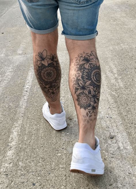 Mandela Tattoo Calf, Calf Tattoo Geometric, Back Of Calves Tattoo, Men Mandala Tattoo, Mandala Tattoo Men Leg, Back Leg Tattoo Men, Calf Mandala Tattoo, Tattoo Ideas For Men Leg Calves, Calf Tattoo Men Ideas