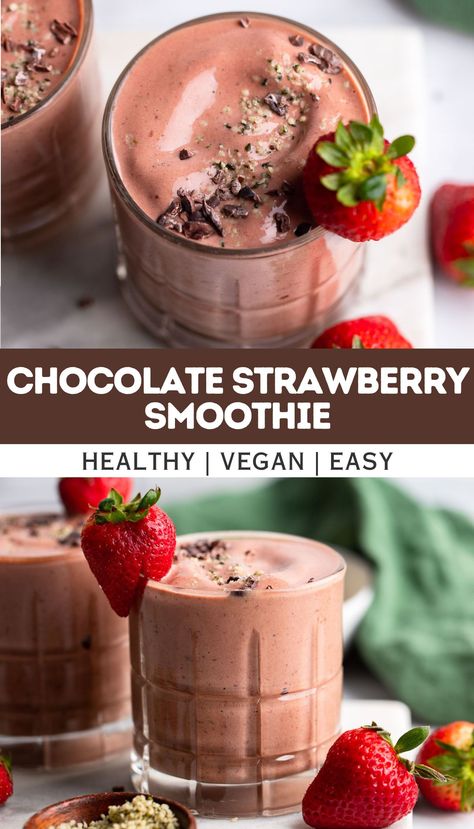 Enjoy a chocolate covered strawberry in smoothie form for breakfast when you make this delicious chocolate strawberry banana smoothie recipe. Cocoa powder adds tons of rich chocolate-y flavor to this simple but healthy smoothie recipe that is vegan and dairy free. Chocolate Protein Powder Smoothie, Strawberry Smoothie Healthy, Healthy Chocolate Smoothie, Smoothie Chocolate, Chocolate Strawberry Smoothie, Blueberry Mango, Smoothie Without Banana, Chocolate Protein Smoothie, Smoothie Strawberry