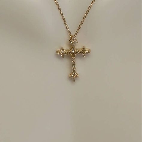 14 kt Yellow gold and .20ct diamond cross necklace 18" Gold And Diamond Cross Necklace, Gold Necklace For Quince, Cross Gold Jewelry, Wedding Cross Necklace, Good Cross Necklace, Gold Cross Necklace Aesthetic, Cross Necklace Aesthetic, Golden Cross Necklace, Crosses Necklace