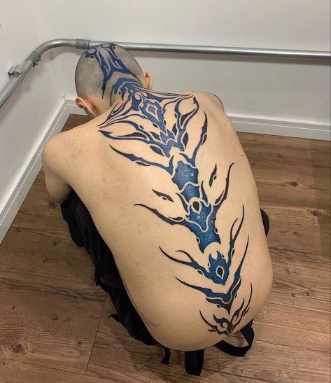 Body Anatomy Tattoo, Back Tattoo Animals, Blue Spine Tattoo, Blue Back Tattoo, All Blue Tattoo, Blue Tattoo Ideas, Full Body Tattoo Designs, Back Tattoo For Men, Mecha Tattoo