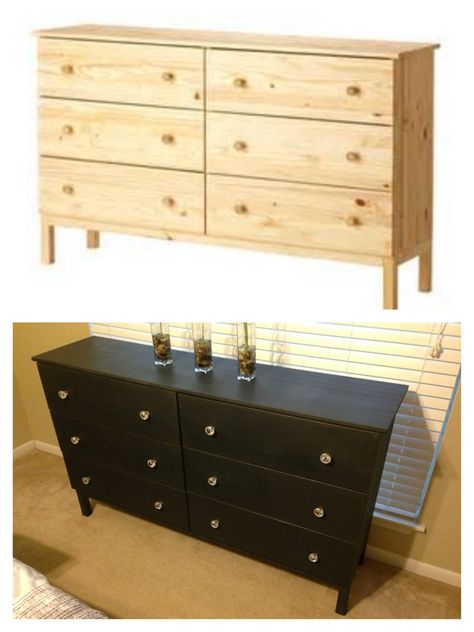 Ikea Tarva dresser refinished with Annie Sloan chalk paint in Graphite with clear wax finish and clear glass knobs. Black Tarva Dresser, Tarva Dresser Painted, Dresser Painted Black, Reimagined Furniture, Buffet Ikea, Nightstand Diy, Tarva Dresser, Bedroom Chic, Ikea Tarva Dresser