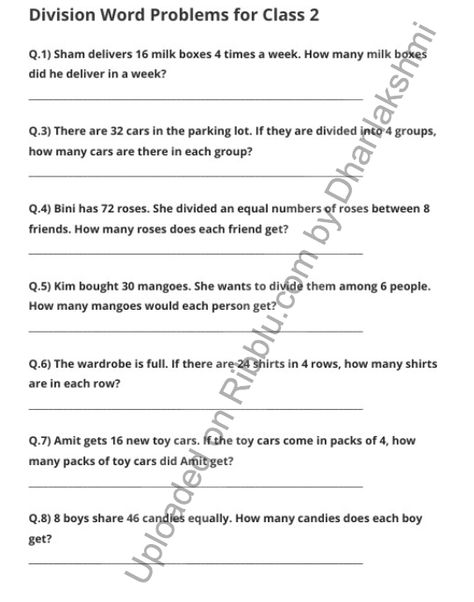 Division Word Problems Worksheets for Class 2 Division Grade 2 Worksheet, Division Sums For Grade 3, Division Word Problems Grade 2, Division Worksheets Grade 2, Grade 2 Division, Division Worksheets For Grade 2, Class 2 Maths Worksheets, Class 2 Maths, Word Problems Kindergarten