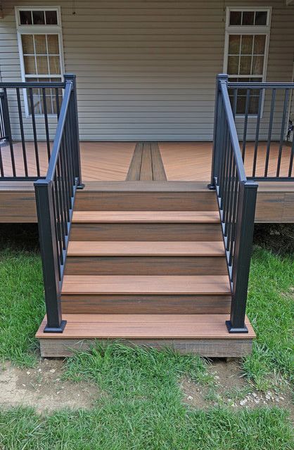 Trex Steps Stairs, Brown Deck Black Railing, Trex Deck Stairs, Trex Deck Ideas, Enclosed Front Porch Ideas, Trex Porch, Trex Stairs, Trex Deck Designs, Guest House Shed