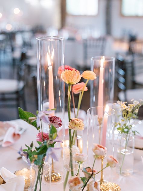 Round Table Centerpieces Wedding, Taper Candle Centerpiece, Terrain Wedding, Pink Taper Candles, Bud Vases Wedding, Taper Candles Wedding, Bud Vase Centerpiece, Round Wedding Tables, Wedding Candles Table