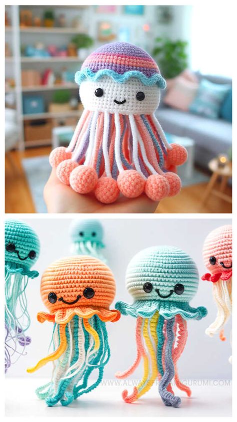 Crochet Jellyfish Amigurumi Free Pattern - Always Free Amigurumi Jellyfish Amigurumi Free Pattern, Free Crochet Octopus Pattern, Crochet Squid Pattern Free, Crochet Jellyfish Free Pattern, Octopus Crochet Pattern Free, Jellyfish Amigurumi, Jellyfish Pattern, Crochet Jellyfish, Octopus Crochet Pattern