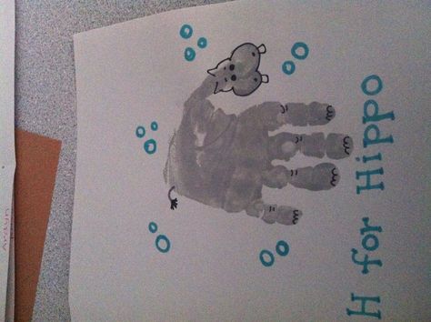 H is for hippo handprint Hippo Handprint Craft, Hippo Craft, Handprint Alphabet, Letter H Crafts, Hippo Crafts, Zoo Preschool, Zoo Animal Crafts, Daycare Curriculum, Abc Crafts