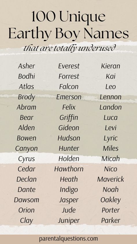 Find the perfect unique earthy baby boy name with our list of 100 cute and strong boho boy names. These uncommon earthy boy names never go out of style. Click through for the full list of earthy boy names and their meanings. Earthy boy names list, baby names earthy boy, boho boy names Boho Boy Names, Earthy Boy Names, Classic Baby Boy Names, Boy Names With Meaning, Strong Boy Names, Baby Boy Names Unique, Boy Names List, Uncommon Baby Boy Names, Boy Names Unique