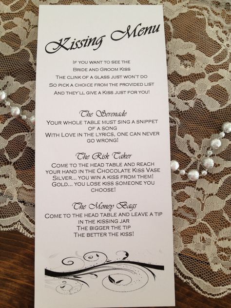 Kissing menu- haven't seen this before Wedding Kissing Menu Ideas, Kissing Menu Wedding Ideas, Kissing Menu, Indoor Wedding Receptions, Skull Wedding, Bridal Shower Planning, Wedding Kiss, When I Get Married, Marrying My Best Friend