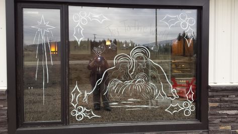 Creating the basic outline for the nativity scene Window Nativity Scene, Nativity Window Art, Nativity Window Painting, Nativity Scene Window Painting, Xmas Windows, Painting Windows, Liturgical Living, The Nativity Scene, Nativity Painting