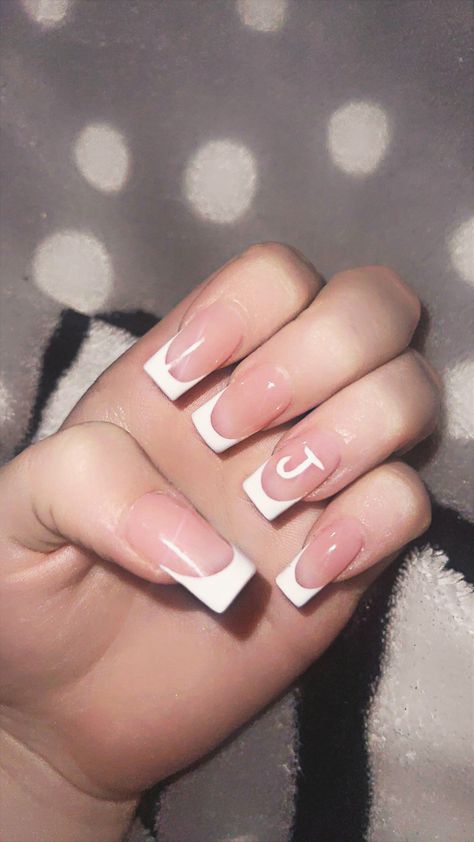 White French With Initials, French Tip Nails With Letter On Ring Finger, French Tip Nails With His Initials, French Tip With Initial Nails Short, French Tip Acrylic Nails With Letter, Letter Nail Designs Initials French Tip, French Tip Nails With J Initial, White French Tip With Initial, Nails With The Initial J On It