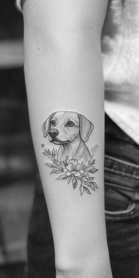 Dog And Rose Tattoo, Dog Tattoo Ideas With Flowers, Soul Dog Tattoo Ideas, Paw And Flower Tattoo, Pet Portrait Tattoo Placement, Portrait Tattoo Placement, Dog And Flower Tattoo, Floral Dog Tattoo, Dog Memorial Tattoos Unique