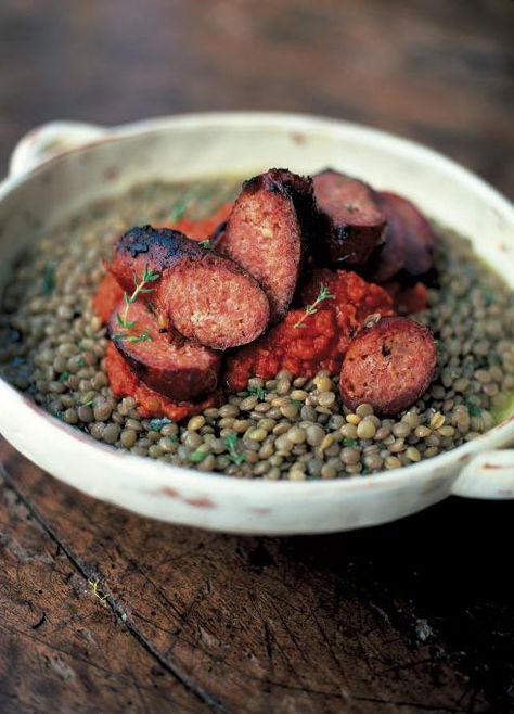 sausages & green lentils with tomato salsa (salsicce con lenticchie verdi e salsa di pomodoro) | Jamie Oliver | Food | Jamie Oliver (UK) Sausage And Mash, Peasant Food, Jamie Oliver Recipes, Green Lentils, Lentil Recipes, Jamie Oliver, Sausage Recipes, Sausages, Tomato Salsa