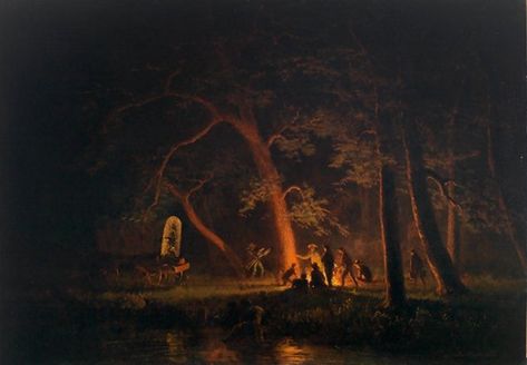 Medieval Campfire: Listen to a sound of You sit at a campfire and hear the music from someone else. Its night and the forest is calm... Brother Where Art Thou, Albert Bierstadt, Moonlight Painting, Oil Painting Nature, Graphic Book, Jungle Art, The Last Unicorn, Night Forest, Medieval Fantasy