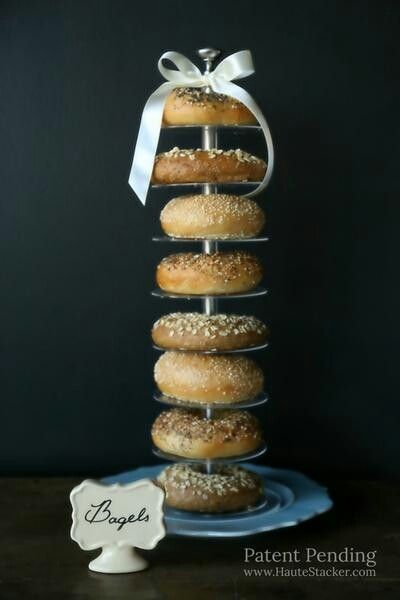 Bagel Presentation Ideas, Bagel Decorations, Bagel Tower, Bridal Shower Bagel Bar, Bagel Baby Shower Brunch, Panera Bagels, Breakfast Bagels, Breakfast Bagel, Bagels