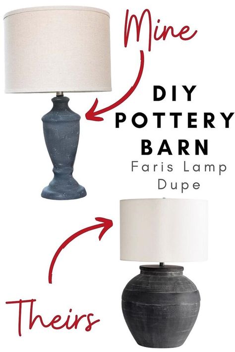 I fell in love with antique look of the Pottery Barn Faris Lamp, but my wallet? Not so much. Find out how I created this look with just a few materials and about an hour of my time! Protect all of the electrical components Make sure to cover any exposed wires or plugs as you'll be painting the entire surface of the lamp. Prime your lamp Always use a spray primer when covering a glass surface. Since I didn't have any on hand, I used a spare white spray paint and primer included… Diy Table Lamps Ideas, Diy Rustic Table, Pottery Barn Lamp, Aged Pottery, Fall Plaid Decor, Diy Pumpkin Candle, Diy Footstool, Pottery Barn Lamps, Diy Lamp Makeover