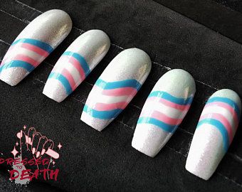 Nails Pictures, Pride Nails, Bright Pink Nails, Flag Nails, Nails Hand Painted, Fake Nails Designs, Purple Acrylic Nails, Trans Flag, Rainbow Nails