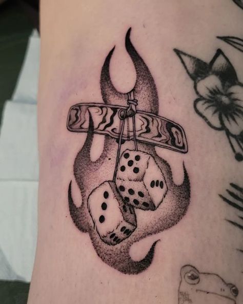 Dice Tattoo Trad, Snake Eye Dice Tattoo, Fuzzy Dice Drawing, Hanging Dice Tattoo, Fuzzy Tattoo, Fuzzy Dice Tattoo, Dice Tattoo Ideas, Dice Tattoo Design, Flames Tattoo