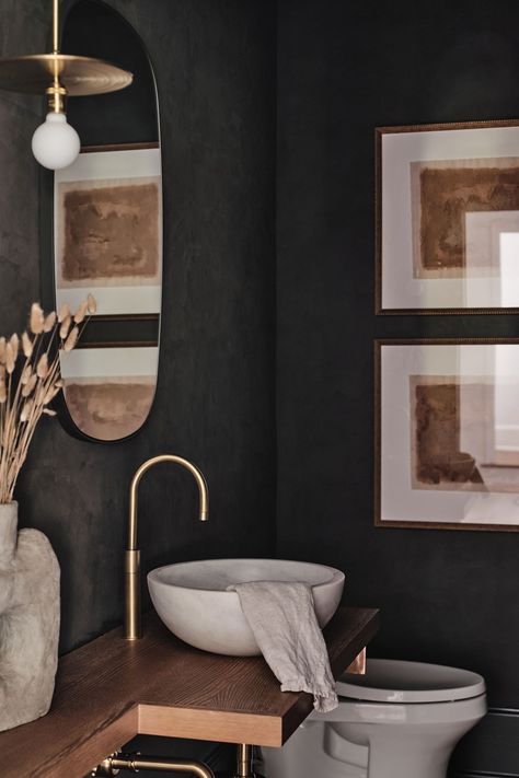 Dark Moody Powder Room, Moody Powder Bath, Moody Half Bath, Moody Powder Room, Moody Bathroom, Tranquil Bathroom, Camper Interior Design, Serene Bathroom, Powder Room Makeover