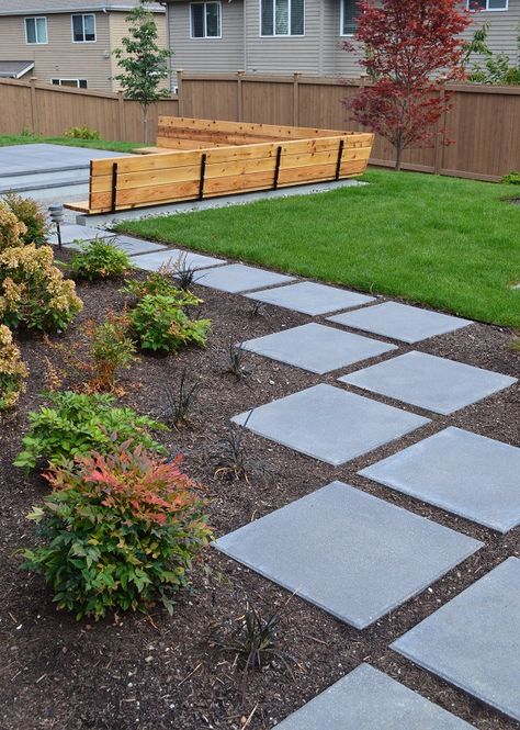 Lynnwood 2x2 modern stepstone paver pathway by Sublime Garden Design (800x570) 2 Stone Walkways, Garden Pavers, Pavers Backyard, Walkway Landscaping, Side Yard Landscaping, Pathway Landscaping, Modern Backyard Landscaping, Backyard Garden Design, Garden Pathway