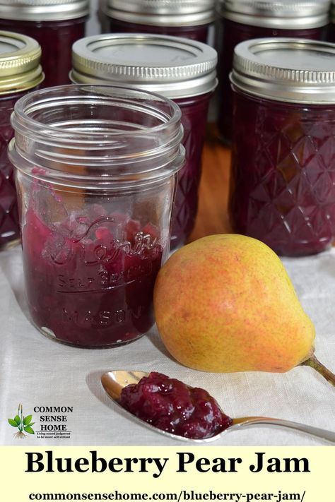 Blueberry Pear Jam, Pear Preserving, Garden Preserving, Pear Jam Recipe, Preserves Recipes, Pear Preserves, Lemon Jam, Blueberry Jam Recipe, Homemade Jams