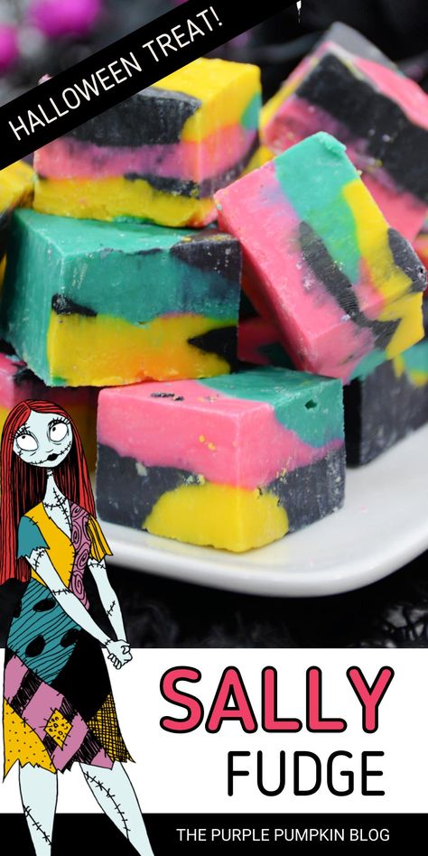 It's the Nightmare Before Christmas so what better time to make a batch of Sally Skellington Fudge! With swirls of pink, teal, black, and yellow to resemble Sally's iconic dress, this vanilla white chocolate fudge is a Halloween delight! Nightmare Before Christmas Recipes, Nightmare Before Christmas Birthday Food, Nightmare Before Christmas Food Recipes, Sally’s Christmas Cookies, Sally’s Sugar Cookies, Jack Skellington Halloween Treats, Sally’s Baking Recipes Sugar Cookies, Sally’s Baking Christmas Cookies, Halloween Sweet Treats