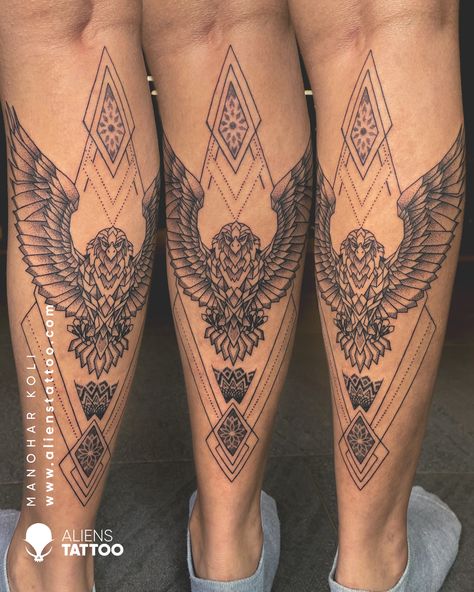 Tatoos Men Calf Ideas, Man Leg Tattoo Ideas, Eagle Calf Tattoo Men, Tattoo On Calf Men, Tattoo For Man Leg, Bird Shin Tattoo, Tattoo Designs Men Calf, Leg Tattoo Men Shin, Tattoos For Calf