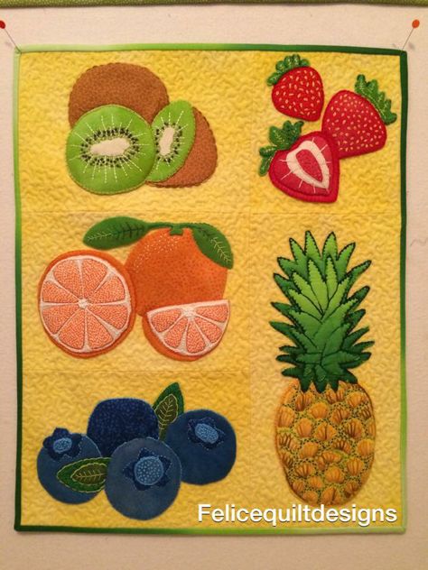 Yummy Fruit wool appliqué quilt. Embroidered with Valdani Threads. Www.felicequiltdesigns.com Fruit Textiles, Fabric Vegetables, Food Quilt, Embroidered Sweatshirt Diy, Fruit Quilt, Fruit Applique, Patchwork Tshirt, Appliqué Work, Embroidered Fruit