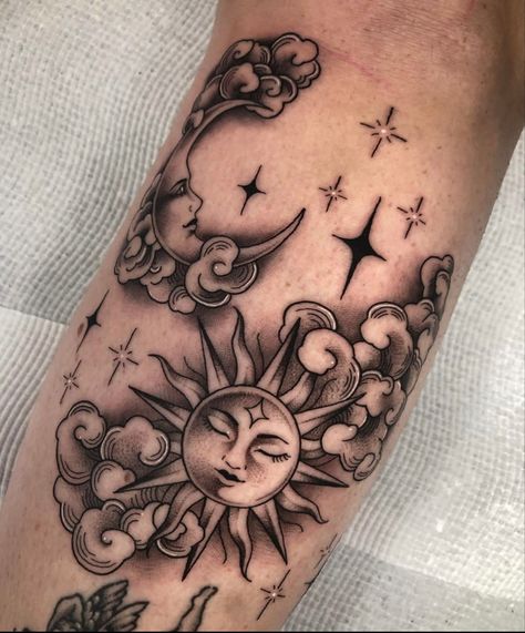 Moon And Space Tattoo, Tattoos With Shading For Women, Baddie Patchwork Tattoo Ideas, Dark Mirror Tattoo, Dark Sun And Moon Tattoo, Tattoo Arm Cover Up, Atreyu Tattoo, Double Moon Tattoo, $150 Tattoo Ideas