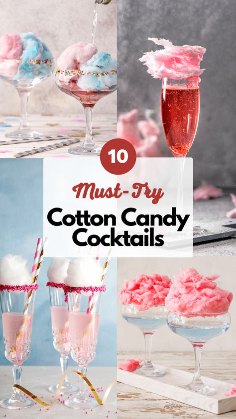 Cotton Candy Cocktails Cotton Candy Non Alcoholic Drink, Cotton Candy Martini Recipe, Cotton Candy Mixed Drink, Cotton Candy Alcoholic Drink Recipes, Cotton Candy Drink Recipe, Pink Cotton Candy Drink, Drinks With Cotton Candy On Top, Circus Theme Alcohol Drinks, Carnival Themed Cocktails