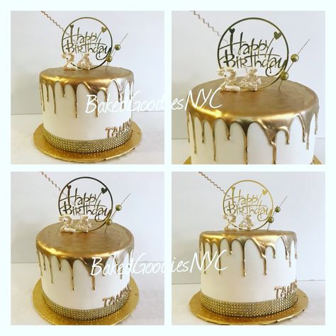 GOLD DRIP CAKE Gold Drip Cake Ideas, White Cake With Gold Drip, Golden Birthday Cakes For Boys, Gold Drip Cake Tutorial, White And Gold Birthday Cakes For Women, Golden Birthday Cake For Women, Gold Cake Drip, Gold Drip Birthday Cake, Golden Drip Cake