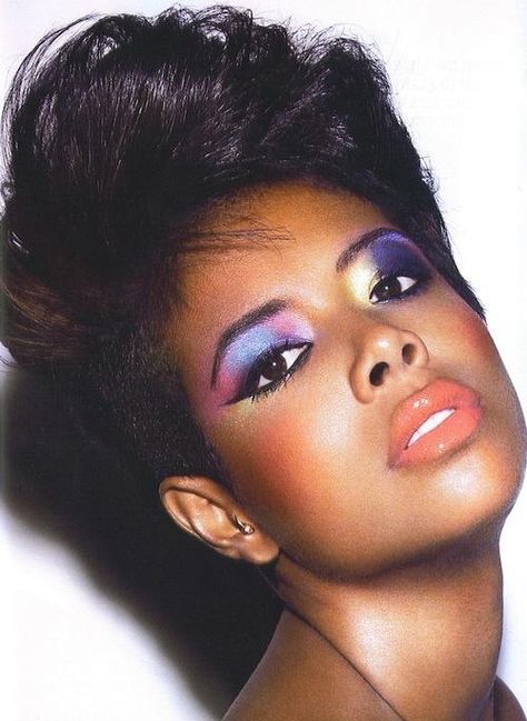 Taste the rainbow. 80s Make Up Black Women, 80s Makeup And Hair Black Women, Eighties Eye Makeup, 80’s Hair 80s Hairstyles Black Women, 80s Bright Makeup, 1980 Makeup, Kelis Hair, 80s Makeup Looks, 80’s Makeup