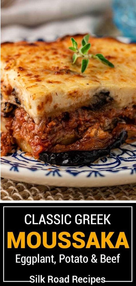 This moussaka recipe makes a hearty Greek dish with layers of tender eggplant, buttery potatoes, and savory beef under a bechamel topping. Mousakka With Eggplant And Potatoes, Eggplant Greek Recipe, Mousakka Med Aubergine, Greek Eggplant Recipes, Greek Moussaka Recipe, Greek Beef, Eggplant Moussaka, Greek Moussaka, Mediterranean Foods