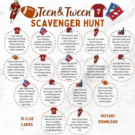 Bring the FUN with this printable Indoor Scavenger Hunt! This scavenger hunt has clues that are a bit tricky - so it is perfect for the Teen crowd!! Can also be used with adults! Use this scavenger hunt for Birthday Parties - either to hide a Birthday Present or to find Party Favors. Or for any holiday where you want to have a hunt for a special surprise. 18 Clue Cards are included which will direct participants to various common indoor places around the house - freezer, washing machine, dryer, Birthday Mission Scavenger Hunts, Teen Scavenger Hunt Ideas, Teen Scavenger Hunt Clues, 16th Birthday Scavenger Hunt, Around The House Scavenger Hunt, Scavenger Hunt Riddles For Teens, Birthday Scavenger Hunt For Teens, Indoor Scavenger Hunt Clues, Scavenger Hunt Ideas For Teens