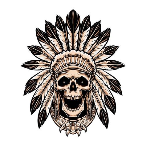 Skull indian wearing headdress isolated ... | Free Vector #Freepik #freevector #indian-chief #native #tribe #tribal Indian Skull Drawing, Cartoon Feather, Indian Headdress Tattoo, Indian Chief Tattoo, Indian Skull Tattoos, Skull Template, Indian Tattoo Design, Headdress Tattoo, Native Symbols