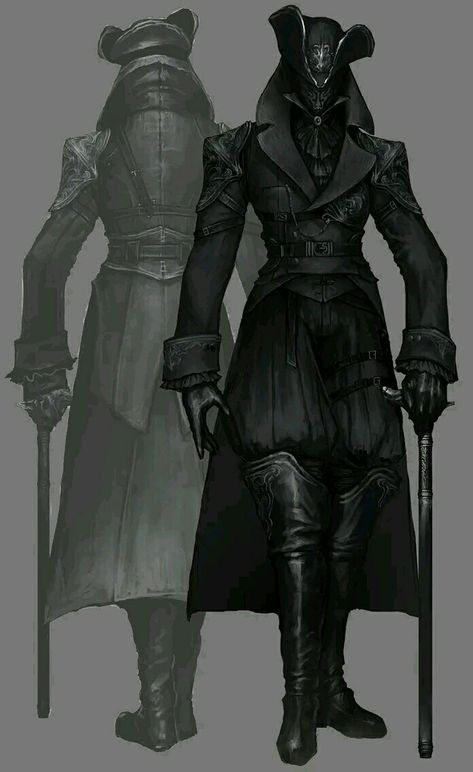 Man With Cane Character Art, Eldritch Superhero, Dark Medieval Outfit, Bloodborne Outfits Concept Art, Bloodborne Character Design Concept Art, Bloodborne Oc Art, Bloodborne Inspired Outfit, Headmaster Character Design, Necromancer Ren Faire