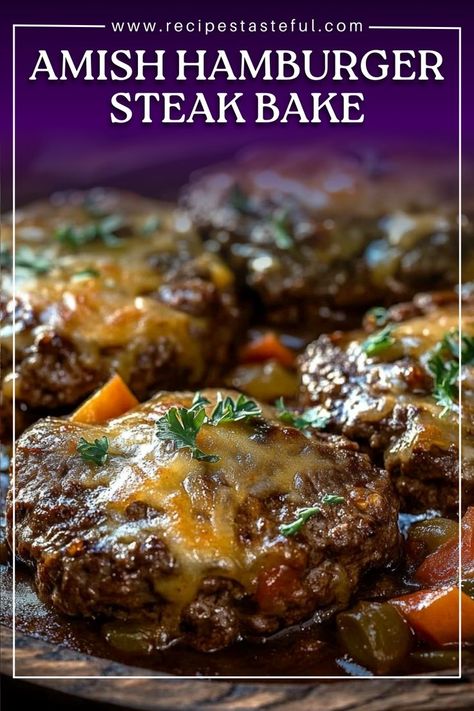 This hearty Amish Hamburger Steak Bake is a comforting dish that combines savory ground beef patties with a creamy mushroom gravy, all baked to perfection. Perfect for family dinners, this recipe is a nostalgic favorite that’s easy to prepare and sure to please! Amish Hamburger Steak Bake, Steak Bake, Creamy Mushroom Gravy, Ground Beef Patties, Beef Skillet, Hamburger Dishes, Steak In Oven, Baked Steak, Beef Patties