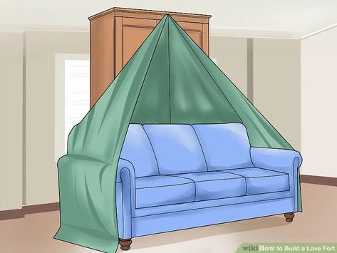 3 Ways to Build a Love Fort - wikiHow Building A Fort, Living Room Fort, Diy Hammock, Large Safety Pin, Blanket Fort, Build A Fort, Pillow Fort, Hobbit House, Poster Bed