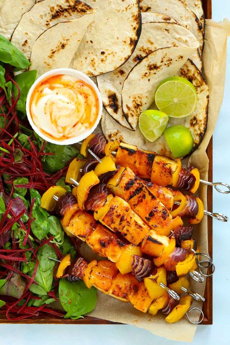 This Sticky Halloumi Kebabs recipe is perfect for a lazy summer dinner, which looks and tastes impressive but is actually pretty low on effort. Our favourite kind of meal! Halloumi Kebab, Chilli Dip, Chilli Mayo, Cooking Halloumi, Vegetable Skewers, Chilli Jam, Grilled Halloumi, Bbq Dinner, Veg Food