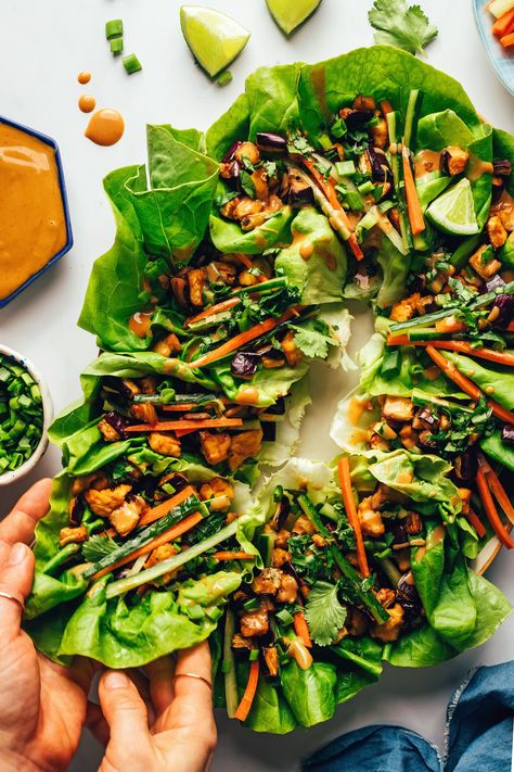 Tofu And Eggplant, Eggplant Vegan, Tofu Lettuce Wraps, Crispy Baked Tofu, Vegan Lettuce Wraps, Light Summer Meals, Lettuce Wrap Recipes, Lettuce Wrap, Sesame Sauce