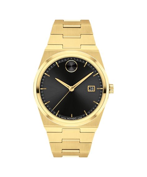 Movado Bold Quest, 40Mm, Yellow Gold Ion Plated Case With Black Sunray Dial And Yellow Gold-Toned Accents. Features Date Window Detailing. | Movado Bold Quest  in Gold/Black Movado Bold, Movado Watch, Swiss Made Watches, Mens Gold, To The Future, Stainless Steel Watch, Black Watch, O Clock, Quartz Movement