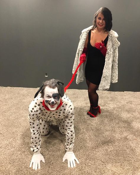 Cruella Deville Costume With Dog, Dalmatian Costume Men, 101 Dalmations Costume Couple, Cruella Dalmation Costume, Cruella Couple Costume, Cruella And Dalmation Costume, Fire Fighter And Dalmation Costume, Firefighter And Dalmatian Costume Couple, Couple Costume Diy