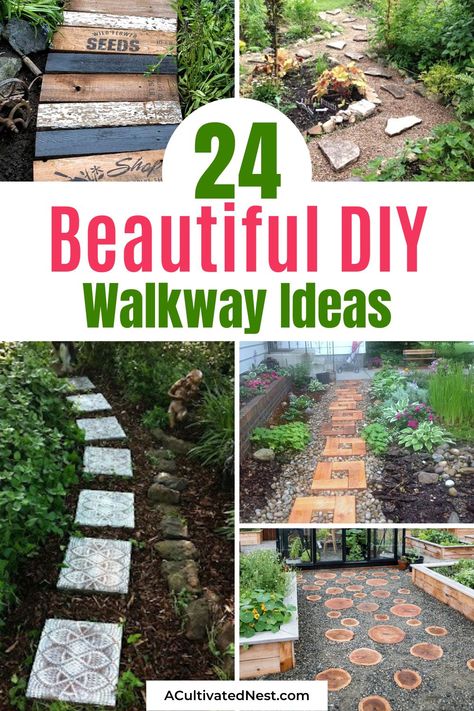 24 Beautiful DIY Walkways Ideas- Add some functional beauty to your yard with these gorgeous DIY walkway ideas. There are so many easy ways to make your own pathways! | #walkways #DIY #diyProjects #backyardDecorating #ACultivatedNest Easy Garden Walkway Pathways, Small Walk Way Ideas, Path To Shed Walkways, Easy Diy Walkways To Front Door, Walkway Between Houses, Walkway Through Flower Bed, Front Yard Stepping Stones Walkways, Narrow Walkway Ideas, Easy Sidewalk Ideas