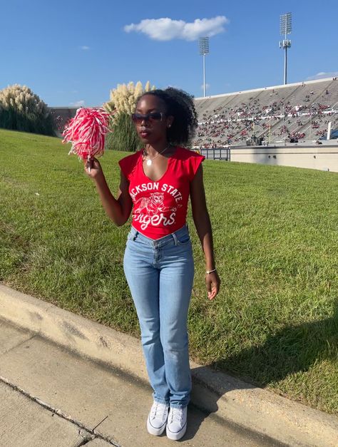 HBCU, Deltas, JSU, College Football, Football outfits, black girls, , black college girl, college, JSU Hbcu Outfits Casual, College Homecoming Outfit Football, Football Game Day Outfit Black Women, College Day Party Outfit, Darty Szn Outfits Hbcu, Game Day Shirts Diy, College Game Day Outfit Black Women, Hbcu Football Game Outfits For Women, Homecoming Tailgate Fits Black Women