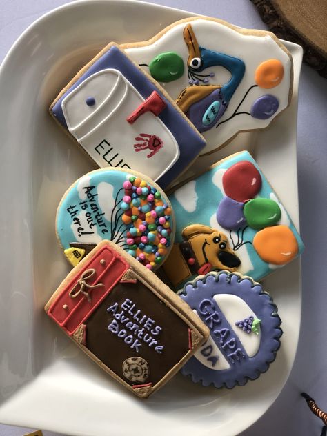 Up Theme Desserts, Pixar Up Gender Reveal Theme, Up Cookies, Pixar Cookies, Up Themed Cookies, Up Gender Reveal Theme, Up Wedding Theme, Movie Themed Cookies Decorated, Up The Movie