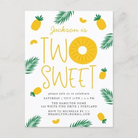 Two Sweet Pineapple 2Nd Birthday Party Invitation Postcard #zazzle #weddinginvitations #birthdayinvitations #babyshowerinvitations #zazzleinvitations #monogram #businesscards #graduation #homedecor Pineapple Birthday Theme, Summer Birthday Themes, Pineapple Ring, Pineapple Birthday Party, Pineapple Birthday, Luau Birthday Party, Custom Birthday Invitations, 1st Birthday Party Invitations, First Birthday Party Decorations