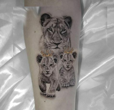 Lioness And Cub Tattoo, Lion Cub Tattoo, Lioness Tattoo Design, Leopard Print Tattoos, Lion King Tattoo, Cubs Tattoo, Lioness Tattoo, Lion Tattoo Sleeves, Family Tattoo Designs