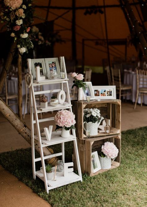 Ladder Decor For Wedding, Ladder Shelf Wedding Display Ideas, Rustic Ladder Decor Wedding, Wedding Ladders Decoration, Crates For Wedding Decor, Wooden Crate Wedding Decor, Wedding Crate Decor, Memory Ladder Wedding, Crates Wedding Decor