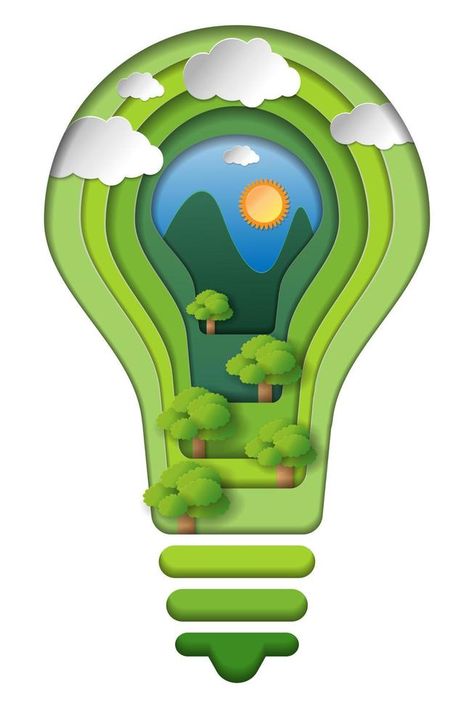 Save energy creative idea concept, Paper carve of light bulb with green eco environment, Vector illustration, conservation paper art style. Concept Paper, Vector Frame, Isometric Art, Energy Conservation, Creative Idea, Creative Posters, Sports Photos, Paper Cutout, Science For Kids